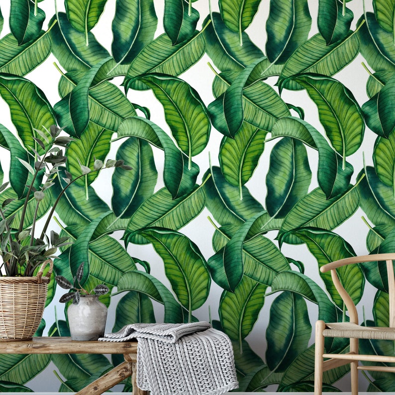 Banana Leaf Removable Wallpaper / tropical wallpaper / botanical self adhesive / floral wallpaper B163-27 image 1