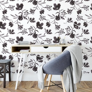 BOTANICAL WALLPAPER, Repeating Pattern, FLORAL Wall Mural, Black And White Personalized Adaline Floral Self Adhesive Wall Mural, W302-27