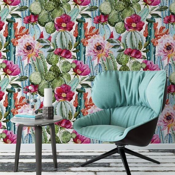 Watercolor succulent floral removable wallpaper / cactus self | Etsy