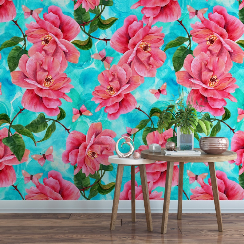 Pink Rose Floral Removable Wallpaper / Tropical Wallpaper / | Etsy