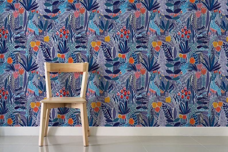 Wildflower Wallpaper Blue Floral Wallpaper Boho Self Etsy