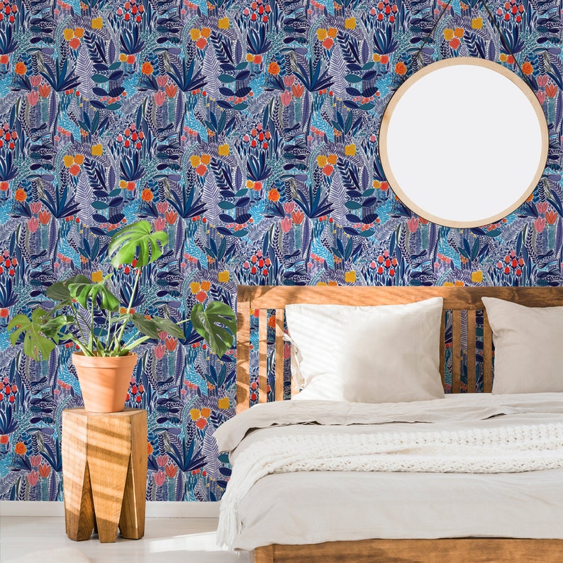 Wildflower Wallpaper Blue Floral Wallpaper Boho Self Etsy
