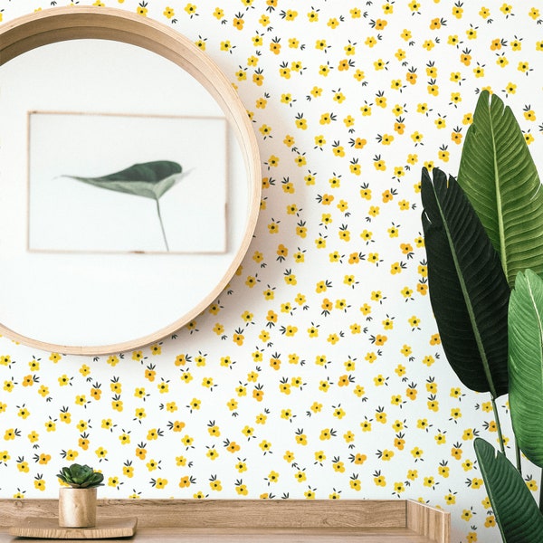 Yellow Floral Removable Wallpaper | Yellow Flower Wallpaper | Small Flower Self Adhesive Wallpaper | Dainty Wallpaper | Floral Accent Wall