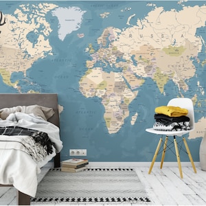 Kaartbehang | Kaartmuur | Kaart Muurschildering | Atlas-achtergrond | Wereldkaart Accentmuur | Grote kaart muur sticker | Verwijderbaar kaartbehang
