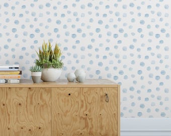 Blue WATERCOLOR DOTS & Self-Adhesive Poly-Woven Fabric Removable WALLPAPER, Modern Style Temporary Wallpaper