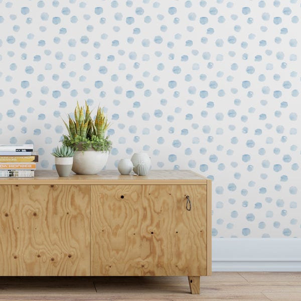 Blue WATERCOLOR DOTS & Self-Adhesive Poly-Woven Fabric Removable WALLPAPER, Modern Style Temporary Wallpaper