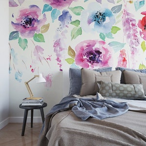 Watercolor Flowers Painted Wall Mural  / tropical wallpaper / botanical self adhesive / floral wallpaper M2279