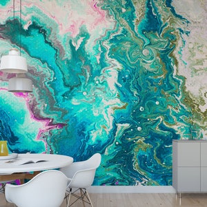 Aqua SWIRL AGATE & Peel Stick Temporary Removable Marble WALLPAPER, Unique Designed Art Décor Wallpaper Mural