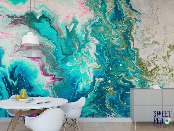 Aqua Swirl Paint Wall Mural Marble Abstract Removable Wallpaper Artistic Self Adhesive Wall Mural M3936