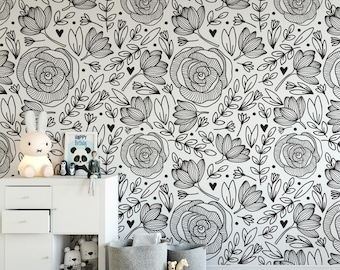 Black and White Floral Wallpaper  / tropical wallpaper / botanical self adhesive / floral wallpaper B132-27