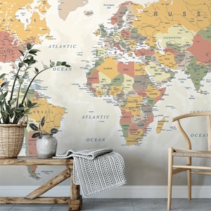 Vintage kaartbehang | Kaartmuur | Kaart Muurschildering | Atlas-achtergrond | Wereldkaart Accentmuur | Grote kaart muur sticker | Verwijderbaar kaartbehang
