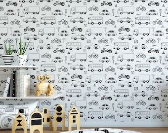 Vehicle Doodle Wallpaper | Car Nursery Wallpaper | Vehicle Removable Wallpaper | Car Self Adhesive Wallpaper | Minimalist Car Wallpaper