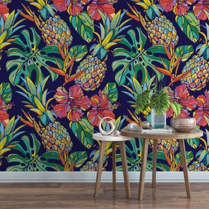 Pineapple Botanical Removable Wallpaper  / tropical wallpaper / botanical self adhesive / floral wallpaper B151-27