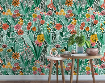 Green Wildflower Field Removable Wallpaper: Botanical Self Adhesive