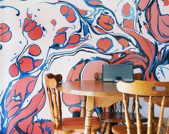 Abstract Swirl Wallpaper Mural: Red and Blue Accent Wall