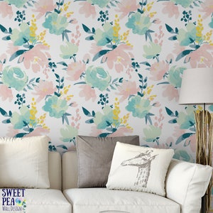 Light and Bright Floral Removable Wallpaper  / tropical wallpaper / botanical self adhesive / floral wallpaper B165-27