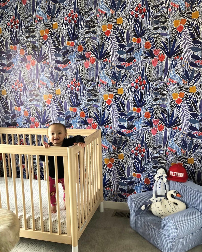 Wildflower Wallpaper Blue Floral Wallpaper Boho Self Etsy