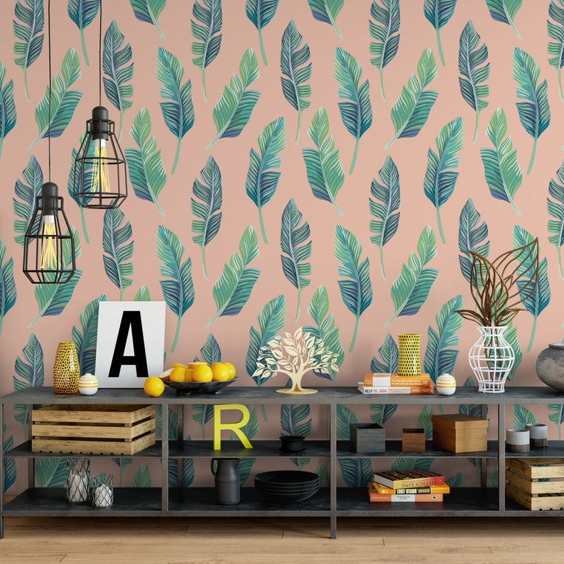 Pink palm removable wallpaper cute self adhesive wallpaper botanical banana leaves temporary wallpaper B145-27
