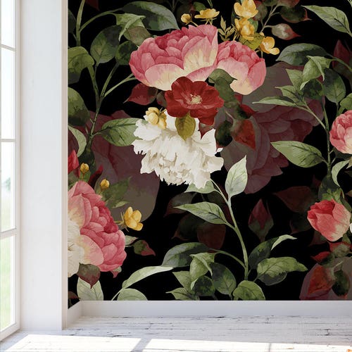 Dark Dutch Floral Wall Mural Removable Wallpaper / Tropical Etsy