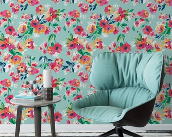 Papel pintado extraíble con estampado floral rosa y azul: Estampado botánico tropical