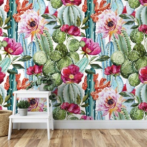 Watercolor Cactus Succulent Floral Removable Wallpaper / tropical wallpaper / botanical self adhesive / floral wallpaper B131-27 image 1