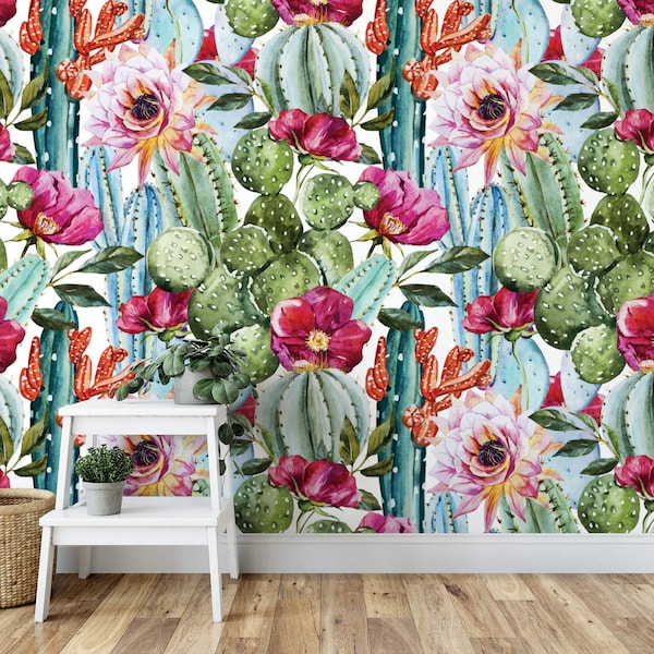 Watercolor Cactus Succulent Floral Removable Wallpaper  / tropical wallpaper / botanical self adhesive / floral wallpaper B131-27