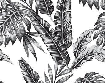 Papier peint amovible noir et blanc tropical / papier peint tropical / papier peint botanique auto-adhésif / papier peint à fleurs B168-27