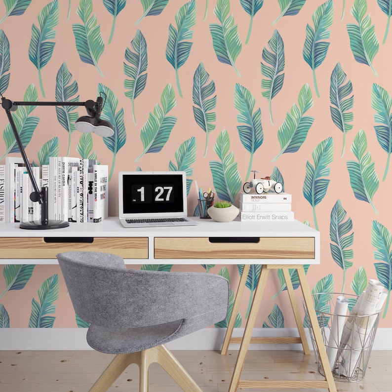 Pink palm removable wallpaper cute self adhesive wallpaper botanical banana leaves temporary wallpaper B145-27
