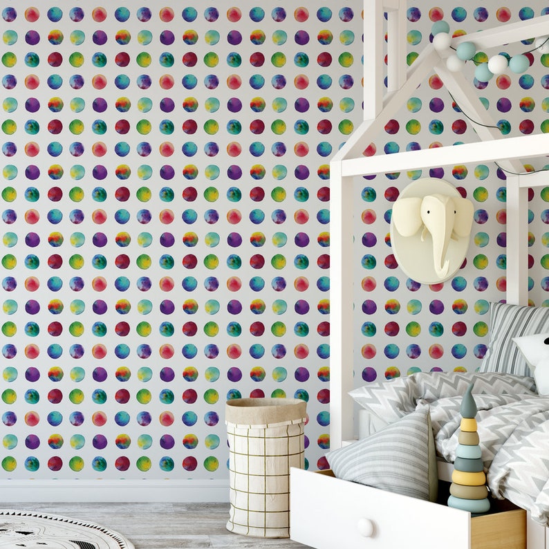 Watercolor Wallpaper, Colorful Dot Wallpaper, Playroom Wallpaper, Rainbow Dot Wallpaper, Color Removable Wallpaper, Kid Accent Wall, G189-13 image 1