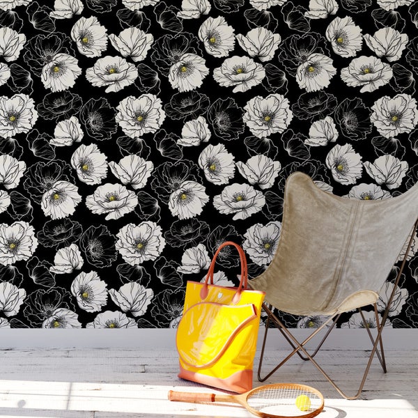 Black and White Floral Removable Wallpaper  / tropical wallpaper / botanical self adhesive / floral wallpaper B146-27