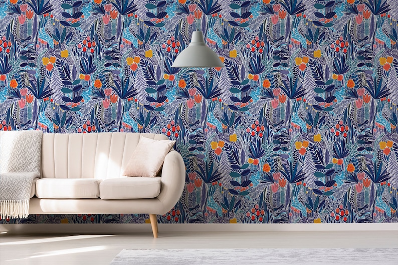 Wildflower Wallpaper Blue Floral Wallpaper Boho Self Etsy