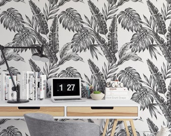 Tropical Black and White Removable Wallpaper  / tropical wallpaper / botanical self adhesive / floral wallpaper B168-27