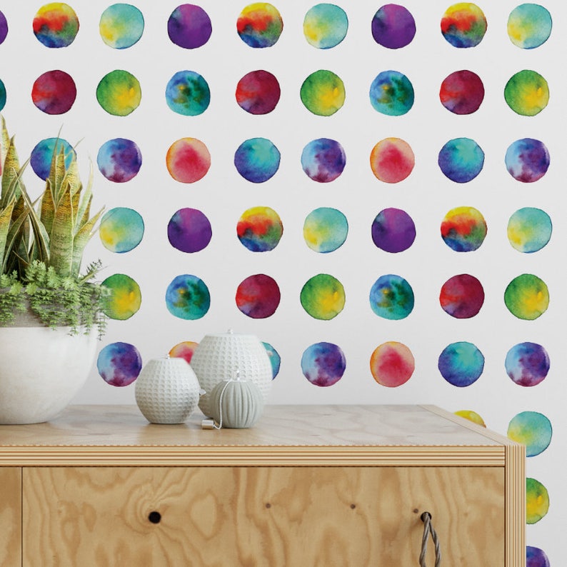 Watercolor Wallpaper, Colorful Dot Wallpaper, Playroom Wallpaper, Rainbow Dot Wallpaper, Color Removable Wallpaper, Kid Accent Wall, G189-13 image 2