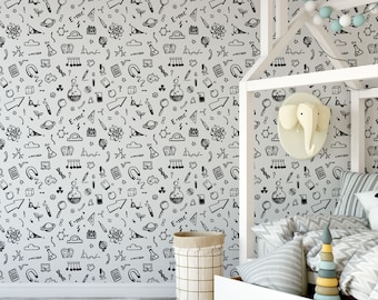 SCIENCE DOODLES & Astronaut Space Home Decor Peel Stick WALLPAPER, Customized Removable Adhesive Wallpaper
