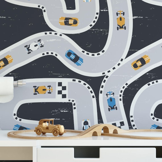 Kids Car Removable Wallpaper | Playroom Wallpaper | Racetrack Self-Adhesive Wallpaper | Boys Room Wall Mural | Road Wallpaper | Accent Wall