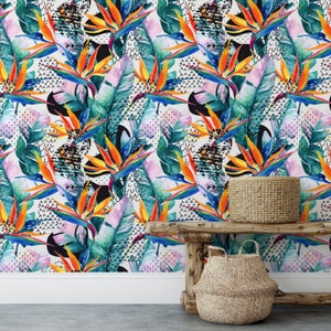 Birds of paradise removable wallpaper / tropical wallpaper / botanical self adhesive / floral wallpaper / temporary wallpaper