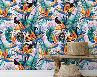 Birds of Paradise Removable Wallpaper: Tropical Floral Self Adhesive