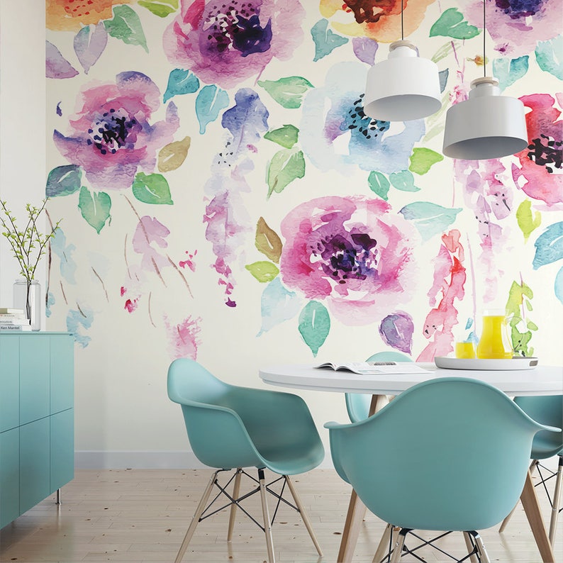 Watercolor Flowers Painted Wall Mural / tropical wallpaper / botanical self adhesive / floral wallpaper M2279 画像 2
