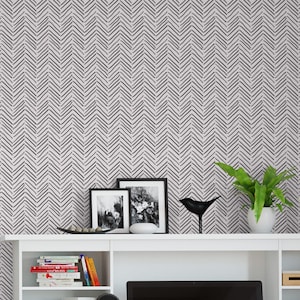 Hand Drawn Herringbone Peel and Stick Wallpaper: Neutral Scandi Chevron