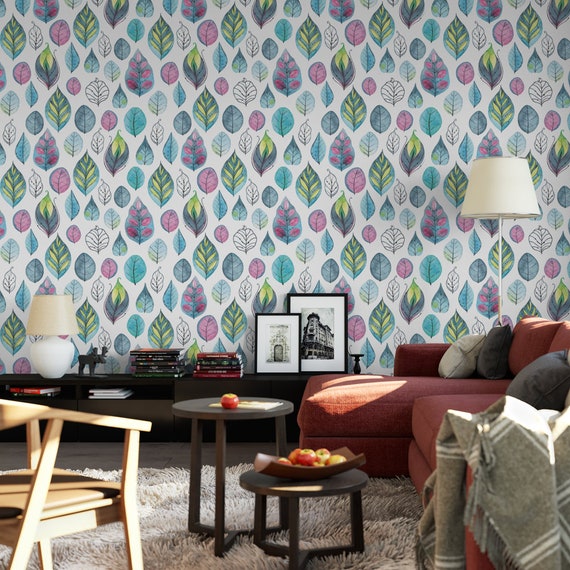 Watercolor leaf removable wallpaper cute self adhesive wallpaper botanical temporary wallpaper B125-27