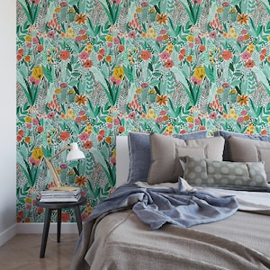 Green Wildflower Field Floral Removable Wallpaper / tropical wallpaper / botanical self adhesive / floral wallpaper B156-27