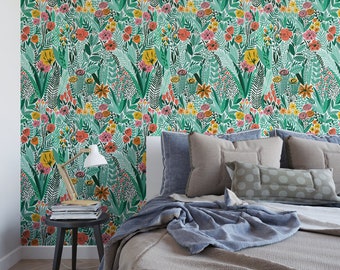 Green Wildflower Field Removable Wallpaper: Botanical Self Adhesive