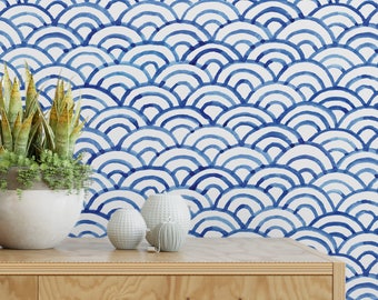 Peel & Stick Traditional SCALLOPS REMOVABLE WALLPAPER, Self-Adhesive Poly-Woven Fabric White Blue Wallpaper