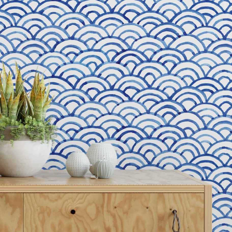 Blue bohemian scallops removable wallpaper boho self adhesive wallpaper