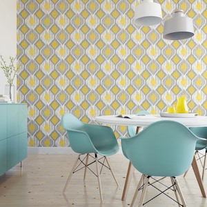 Geometric removable wallpaper yellow and gray / ikat self adhesive wallpaper / cute temporary wallpaper G198-27