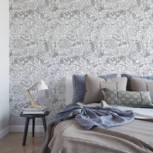 Black and White Floral Removable Wallpaper  / tropical wallpaper / botanical self adhesive / floral wallpaper B161-27