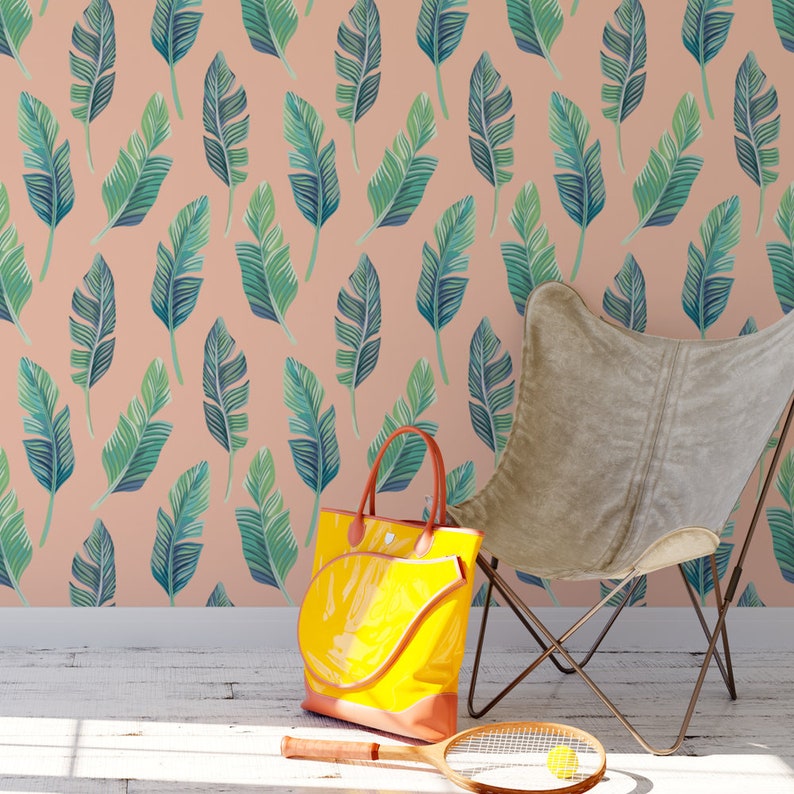Pink palm removable wallpaper cute self adhesive wallpaper botanical banana leaves temporary wallpaper B145-27