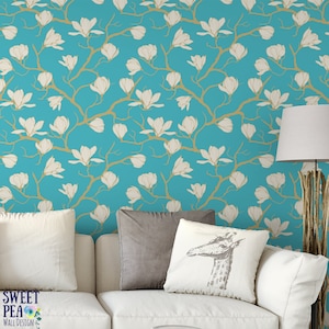 Blue Skies Magnolia Removable Wallpaper  / tropical wallpaper / botanical self adhesive / floral wallpaper B166-27