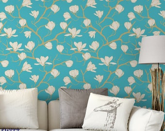 Blue Skies Magnolia Removable Wallpaper  / tropical wallpaper / botanical self adhesive / floral wallpaper B166-27