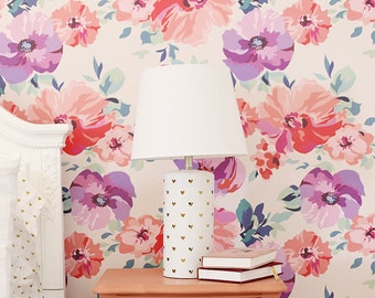 Pink Floral Removable Wallpaper  / tropical wallpaper / botanical self adhesive / floral wallpaper B135-27